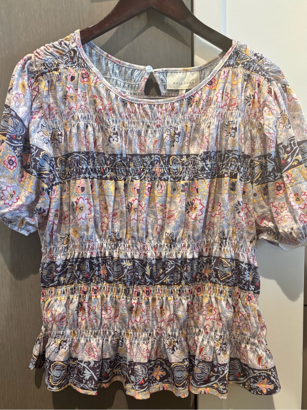 MELLODAY Smocked Peplum Blouse in Blue, Cream & Yellow Floral